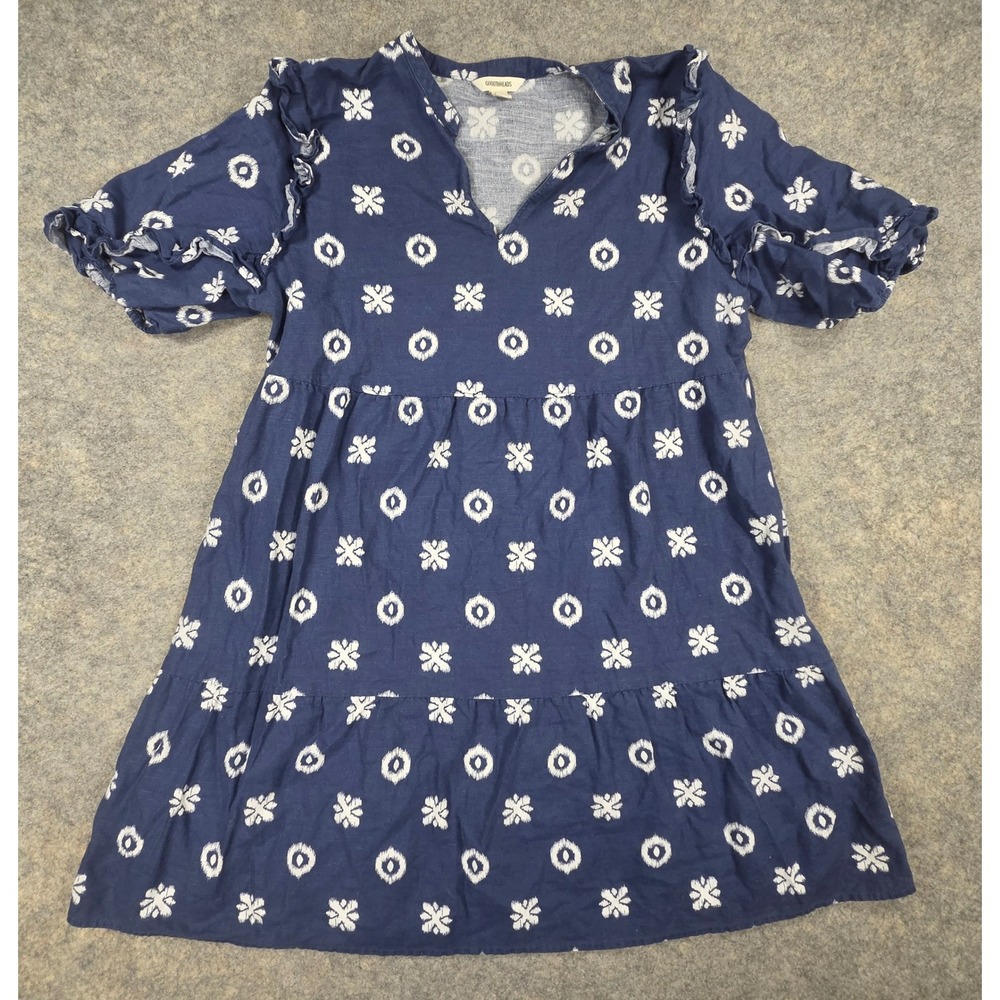 Goodthreads Navy Blue Ikat Linen Blend Tiered Ruffle Babydoll Dress Large
